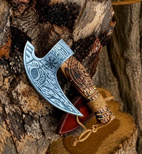 Hacha Tomahawk de Acero Forjado a Mano con Mango de Madera y Hoja Tallada, Hacha de Supervivencia para Exteriores - Product Image 1