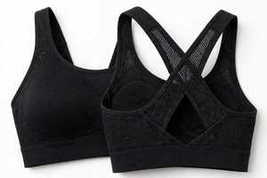 <b>Women</b> Black Ribbed Solid Seamless Sports Bra Scoop Neck Racerback Breathable <b>Mesh</b> Workout Yoga <b>Top</b> 2 Piece Set Front Logo - Product Image 5