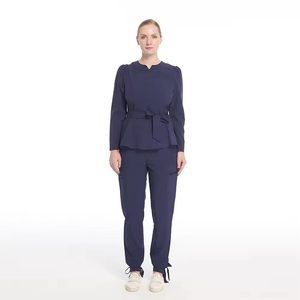 Women's Silk Medical <b>Scrub</b> Set Navy Blue Top with Turquoise and Yellow Accents Matching Pants Needle Detection Seamless Fusing - Product Image 1