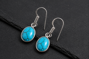 Blue Manmade Turquoise Gemstone Bezel <b>Earrings</b> Handmade <b>Silver</b> Plated <b>Dangle</b> Trendy Gift for Wholesale Jewelry Buyers - Product Image 5