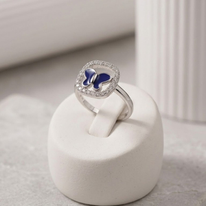 Bague en argent sterling 925 avec papillon bleu en émail, zircone cubique et halo carré, bijou élégant en forme d'animal, cadeau pour femmes et filles - Product Image 4