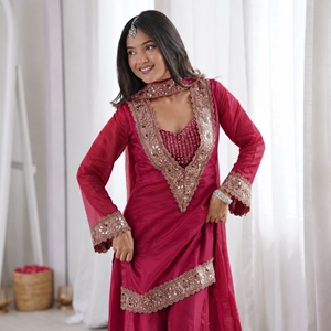 Robe de soirée en satin bordeaux brodée, ensemble Anarkali à manches longues, chemisier à sequins, pantalon palazzo, tenue de soirée formelle écologique - Product Image 3
