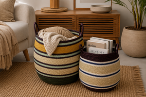 Handwoven Storage <b>Basket</b> with Handles Multi-Color Striped <b>Plant</b> Fiber Bowl Folk Art Style <b>for</b> Home Organizing - Product Image 4
