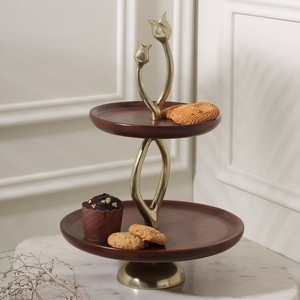 2 Tier <b>Wooden</b> Cake <b>Stand</b> Gold Geometric Handle Pedestal Base Tiered <b>Cupcake</b> Dessert Display Server <b>Stand</b> - Product Image 3