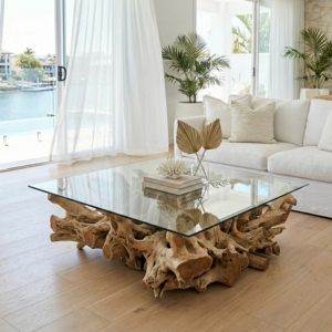 Table basse moderne et contemporaine en racine de teck, design combiné, bois massif, bord naturel, plateau en verre, écologique, durable, faite à la main pour la maison - Product Image 6