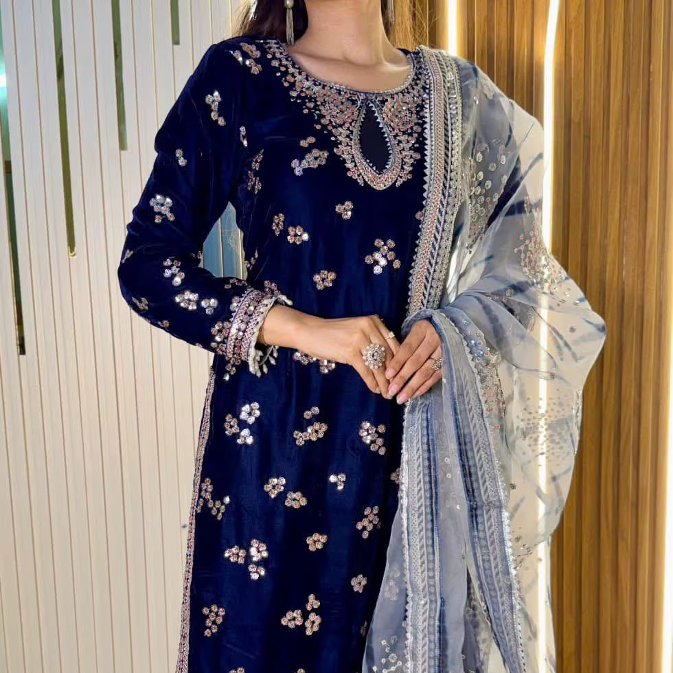 simple navy blue dress pakistani Navy Blue Color Punjabi Style Velvet Dress main image 1