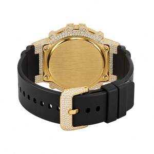 Luxury Men's Square Quartz <b>Watch</b> With Rhinestone Accents Gold Case <b>Black</b> Rubber Band - Product Image 5