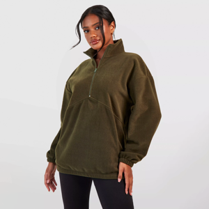 Vente Chaude Sweat-shirt Oversize pour Femme en Polaire Sherpa Teddy, Col Montant Demi-Zip, Couleur Unie, Épaules Tombantes, Automne - Product Image 1