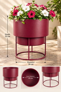 Macetero Metálico Color Borgoña con Soporte, Maceta Cilíndrica Moderna de Lujo para Interiores y Exteriores, Decoración para Hogar, Jardín y Escaleras - Product Image 3