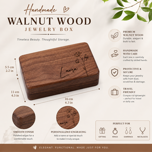 Boîte à bijoux en bois de noyer faite à la main pour femmes |   Étui de rangement pour bijoux de voyage |   Boîte de rangement pour bagues, boucles d'oreilles et colliers, cadeau pour demoiselle d'honneur - Product Image 5