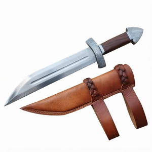 Couteau à lame fixe en acier Damas, pointe tombante, bord droit, manche en bois, style Bowie pour le camping en extérieur, avec étui - Product Image 6