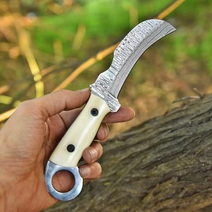 Hand Forged Damascus Steel Bushcraft <b>Knife</b> Camel <b>Bone</b> <b>Handle</b> Full Tang Hawkbill <b>Knife</b> with Leather Sheath Custom OEM - Product Image 5