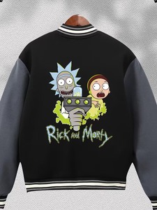 Rick Morty Varsity <b>Jacket</b> <b>Men's</b> Black Sleeve Casual Eco-Friendly Breathable High Street Style Summer Outerwear OEM Service Front - Product Image 6