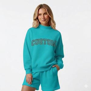 Womens Green Solid "CUSTOM" Text Print Mock Neck Oversized <b>Sweatshirt</b> and Shorts Set <b>Long</b> Sleeve Casual Streetwear Activewear - Product Image 2