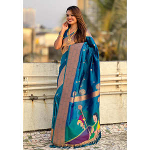Sari en soie Paithani tissé Zari bleu Elite Weaves, spécial Gudi Padwa, pour les festivals indiens et pakistanais - Product Image 1