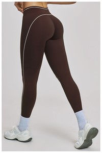 Women's 2 Piece Yoga Set Solid <b>Brown</b> Scoop Neck Racerback Crop Top High Waist Full Length <b>Leggings</b> Seamless Four Way Stretch - Product Image 2