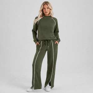 Ensemble de survêtement léger et respirant vert olive pour femme, sweat-shirt à col rond, pantalon à cordon de serrage, couleur unie, manches courtes, hiver - Product Image 1