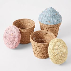 Panier de rangement tissé en forme de cornet de glace avec couvercle, boîte artisanale faite à la main - Product Image 1