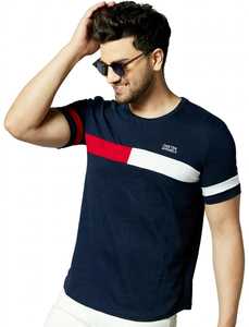 T-shirt décontracté à manches courtes pour homme ONETEN, col rond, tricoté, avec logo frontal, blocs de couleur et bordure contrastante, coupe classique - Product Image 5