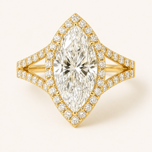 Anillo de Boda de Oro Sólido 10K 14K 18K con Diamantes Cultivados en Laboratorio y Moissanita, Corte Marquesa y Redondo, con Halo y Vástago Dividido, Venta al por Mayor - Product Image 3