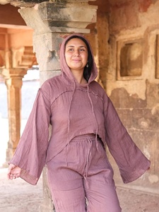 Handmade Mauve Cotton Khadi Hoodie for Women Bohemian Oversized <b>Festival</b> Pullover Hooded <b>Top</b> Loose Fit Drop Shoulder Blouse - Product Image 2