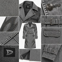 Veste longue coupe utilitaire en jean gris argenté délavé pour femme, à double boutonnage, ornée de strass, manches longues, ceinturée, coupe-vent, collection automne
