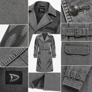 Abrigo Largo de Invierno para Mujer, Color Gris Plateado, Estilo Denim, Doble Botonadura, Adornado con Tachuelas y Pedrería, Manga Larga, Premium, con Cinturón, Resistente al Viento - Product Image 4