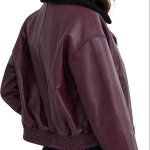 Blouson bomber en cuir PU marron avec col en fausse fourrure, fermeture éclair, unisexe, vêtement d'hiver, style moto, longueur courte - Product Image 5