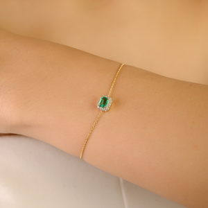 Magnifique Bracelet Halo Solitaire Unisexe en Or Jaune Véritable K14 avec Émeraude et Diamant, Pierre de Naissance de Mai, pour un Port Quotidien - Product Image 2