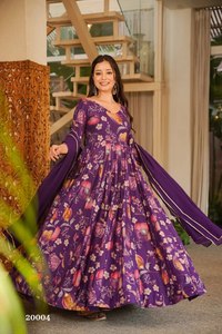 Costume Anarkali pour femmes, imprimé floral violet, avec dupatta, longueur au sol, tenue de fête traditionnelle, style Inde Pakistan - Product Image 5
