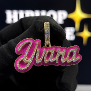 Pendentif personnalisé en émail rose avec nom, en argent sterling 925 rhodié, plaqué or 18 carats, micro-pavé de moissanite VVS, style hip-hop unisexe - Product Image 5