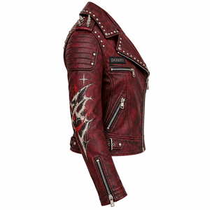Chaqueta de cuero genuino color granate para mujer con gráfico de alas de demonio, cuello con tachuelas y cremallera, estilo motero. Oferta de fabricante a medida. - Product Image 3