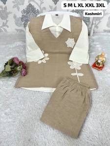 Conjunto coordinado de 3 piezas de algodón y yute premium para mujer con koti con patchwork floral y pantalones de pierna ancha |   Estilo Kashmirí - Product Image 5