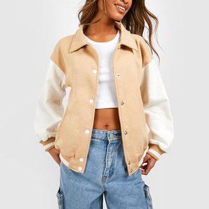 Veste universitaire unisexe bleu clair et blanc, coupe classique, blocs de couleur, col rabattu, fermeture boutonnée, décontractée, automne, longueur courte - Product Image 5