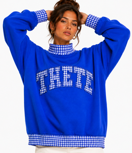Sweat-shirt col montant personnalisé pour femme, motif gingham et patchwork, coupe oversize, style universitaire, streetwear décontracté - Product Image 5