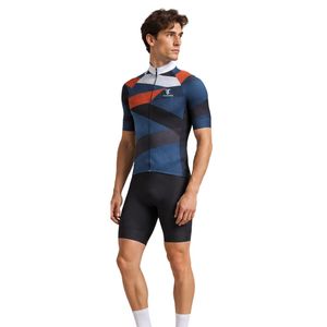 Maillot de Ciclismo de Manga Corta para Hombre, Azul y Naranja, con Diseño Geométrico, Cierre Completo, para Ciclismo de Carretera - Product Image 2