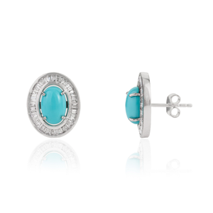 Boucles d'oreilles clous ovales 9x6mm en turquoise et halo de diamants, design exquis, faites à la main en or blanc massif 14K, bijoux personnalisés en gros - Product Image 3