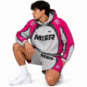Conjunto Corto de Nylon Rosa y Gris Personalizado de Moda para Hombre, Traje Cortavientos con Bloques de Color, OEM ODM, Etiqueta Privada, Ropa Urbana, Ropa Deportiva, Sudaderas con Capucha - Product Image 5