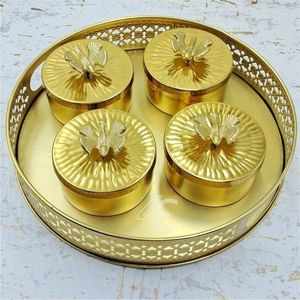 Juego de 4 Tarros Metálicos Premium con Textura de Panal y Detalles Florales Dorados, Elegante Bandeja para Servir, Tarros Metálicos para Frutos Secos - Product Image 3