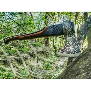 Burraq Hacha de 19 pulgadas, hecha a mano, de acero inoxidable, con cabeza de tomahawk para partir leña, mango de palisandro y cuero, para caza, camping, bricolaje e industrial - Product Image 4