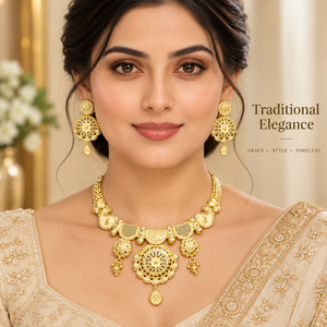 Floral Statement Pendant Necklace <b>Set</b> | 24K Gold Polish Brass Copper <b>Jewelry</b> | Traditional Indian <b>Bridal</b> Wedding Earrings <b>Set</b> - Product Image 2
