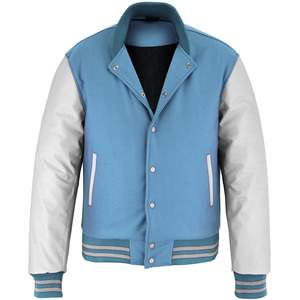 Blouson universitaire bleu clair pour homme avec manches en PU blanc, style décontracté, col rabattable, fermeture éclair, coupe classique, idéal pour le printemps - Product Image 4