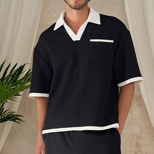 Men's Woven Waffle Cotton for Shirt with Pocket Short Sleeve Solid Black Casual Style Custom Logo Durable All Sizes Available - Product Image 3