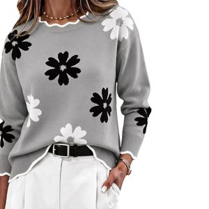 Suéter de Punto con Motivo Floral para Mujer, Mezcla de Lana Gris, Cuello Redondo, Manga Larga, Informal, Estampado, para Invierno - Product Image 1
