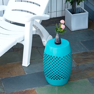 Tavolino da Esterno in Acciaio Blu da 12,5 Pollici, Tavolino Rotondo Cavo a Tamburo per Patio, Tavolino d'Appoggio per Interni ed Esterni - Product Image 2