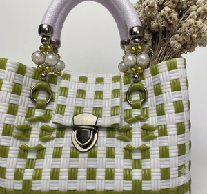 Custom Handmade Woven Plastic Tote Bag Eco Friendly Reusable Market Shopping Beach <b>Handbag</b> Green Pearl Beaded Handle Lock - Product Image 5
