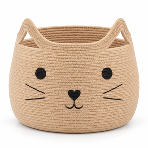 Cesta de Almacenamiento de Yute 100% Natural, Ecológica y Personalizable, con Diseño Moderno de Cara de Gato, Forma Cilíndrica/Redonda, Asas de Cuerda, para el Hogar - Product Image 1