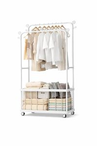 <b>White</b> Double Tier Metal <b>Clothing</b> <b>Rack</b> with Wheels for Children's Room Storage and Toy Organization - Product Image 5