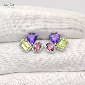 Luxury 4.41CTW Multi Gemstone Stud Push <b>Back</b> <b>Earrings</b> Crafted in 14K White Gold Diamond Halo Diamond <b>Earrings</b> at Wholesale Price - Product Image 2