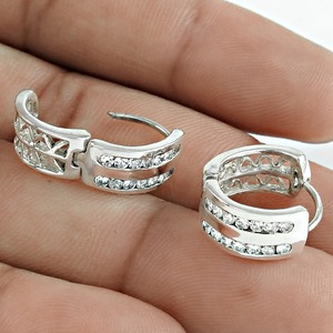 Pendientes de Plata de Ley 925 con Doble Hilera de Cuarzo Blanco, Hipoalergénicos, Estilo Coreano, para Mujer - Product Image 1